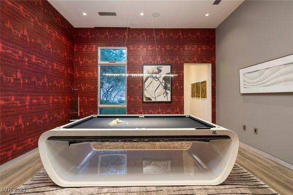 Billiard Table, Game Room, Interior, Recessed Lighting, Wood Texture Flooring