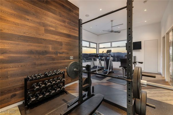 Fitness Equipment, Gym, Interior, Recessed Lighting, Wood Texture Flooring, Wooden Walls