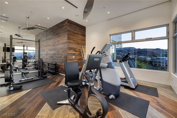 Fitness Equipment, Gym, Interior, Recessed Lighting, Wood Texture Flooring, Wooden Walls