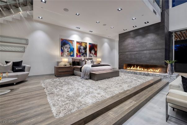 Bedroom, Fireplace, Interior, Recessed Lighting, Wood Texture Flooring