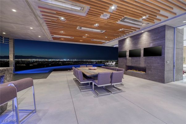 Dining room, Fireplace, Interior, Recessed Lighting, Wooden Ceilings