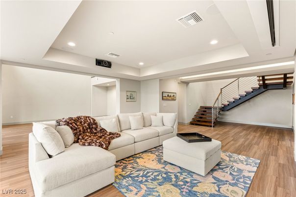 Interior, Living room, Recessed Lighting, Wood Texture Flooring