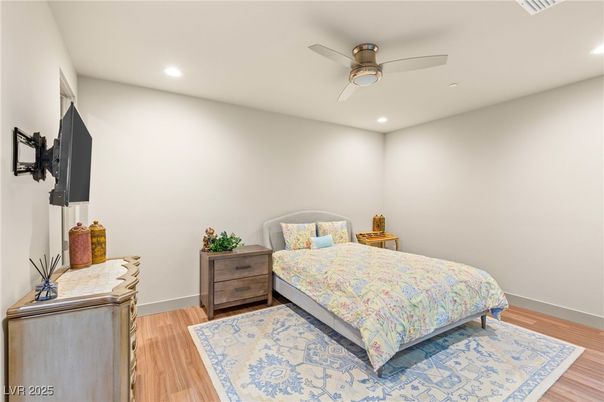 Bedroom, Interior, Recessed Lighting, Wood Texture Flooring