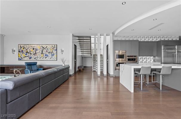 Interior, Kitchen, Living room, Recessed Lighting, Stainless Steel Appliances, Wood Texture Flooring