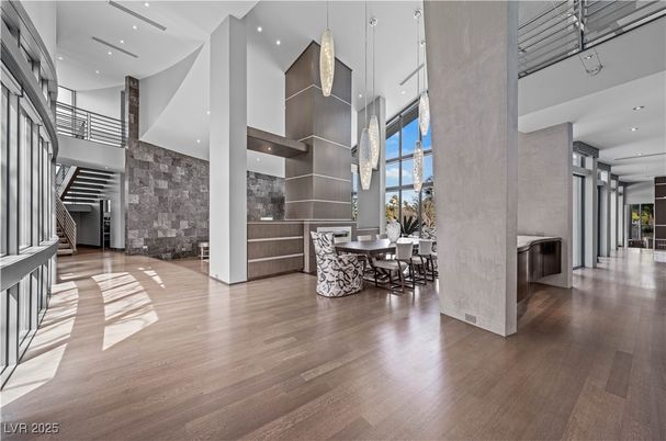 Dining room, Interior, Pendant Lights, Recessed Lighting, Wood Texture Flooring