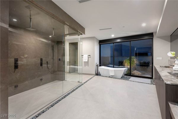 Bathroom, Free Standing Baths, Glass Shower, Interior, Recessed Lighting