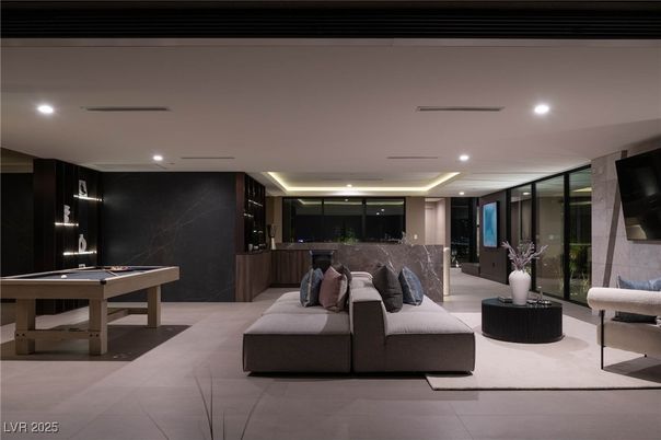 Billiard Table, Game Room, Interior, Marble Walls, Recessed Lighting