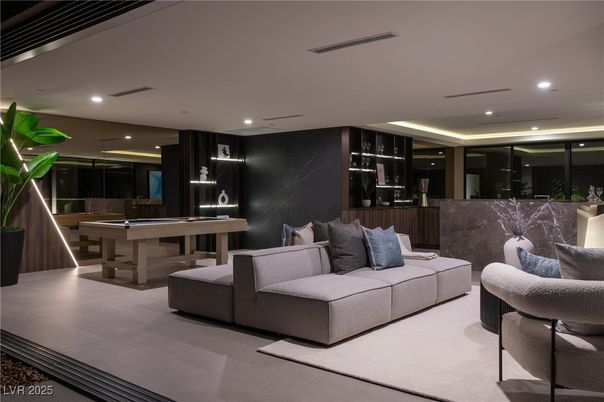 Billiard Table, Game Room, Interior, Living room, Marble Walls, Pendant Lights, Recessed Lighting