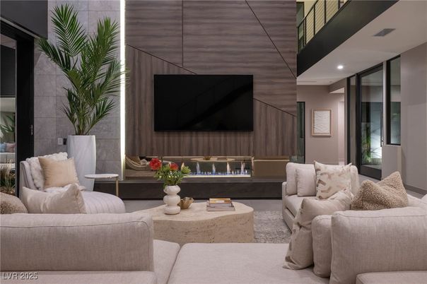 Fireplace, Interior, Living room, Recessed Lighting, Wooden Walls