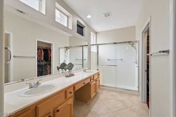 Bathroom, Dual Sink Vanities, Glass Shower, Interior, Recessed Lighting