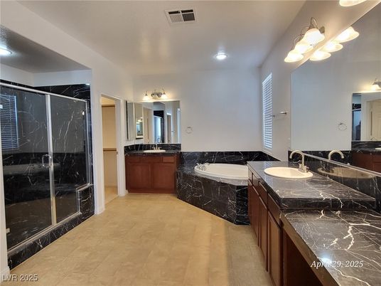 Bathroom, Dual Sink Vanities, Interior, Marble Walls, Recessed Lighting
