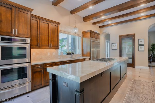 Interior, Kitchen, Pendant Lights, Recessed Lighting, Stainless Steel Appliances, Wooden Beams