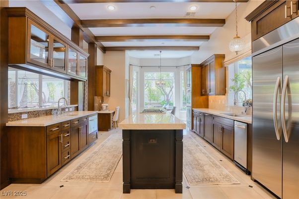 Interior, Kitchen, Pendant Lights, Recessed Lighting, Stainless Steel Appliances, Wooden Beams