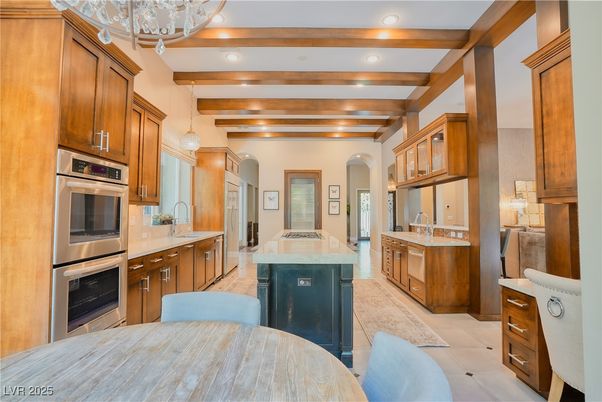 Chandelier, Interior, Kitchen, Recessed Lighting, Stainless Steel Appliances, Wooden Beams