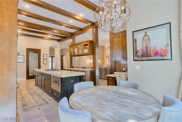 Chandelier, Dining room, Interior, Kitchen, Recessed Lighting, Wooden Beams