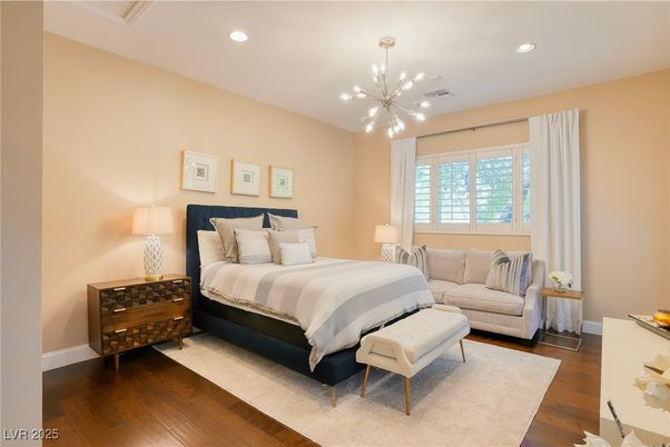 Bedroom, Interior, Pendant Lights, Recessed Lighting, Wood Texture Flooring
