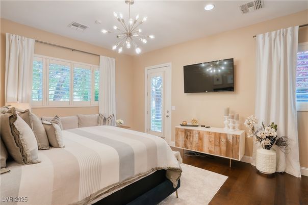 Bedroom, Interior, Pendant Lights, Recessed Lighting, Wood Texture Flooring