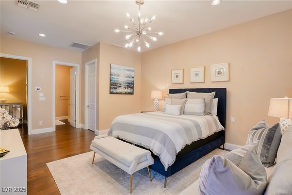 Bedroom, Interior, Pendant Lights, Recessed Lighting, Wood Texture Flooring