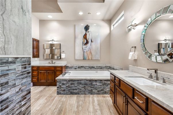 Bathroom, Dual Sink Vanities, Interior, Recessed Lighting, Wood Texture Flooring