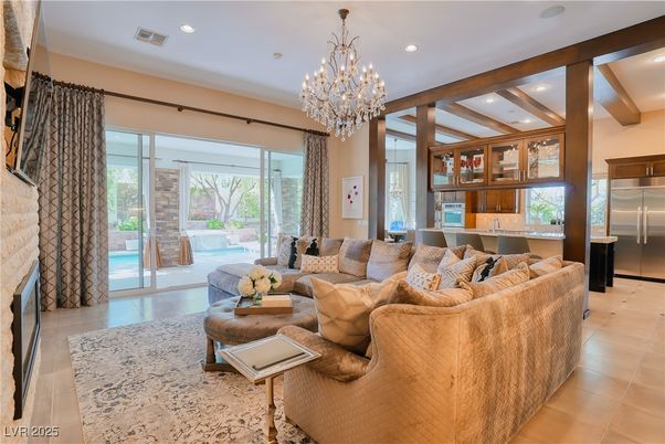 Chandelier, Interior, Kitchen, Living room, Recessed Lighting, Stainless Steel Appliances, Wooden Beams