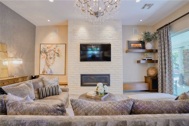 Chandelier, Fireplace, Interior, Living room, Recessed Lighting, Stone Walls
