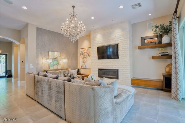Chandelier, Fireplace, Interior, Living room, Recessed Lighting