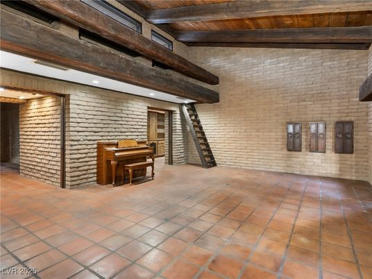 Interior, Piano, Recessed Lighting, Stone Walls, Wooden Beams