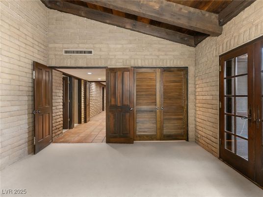 Interior, Recessed Lighting, Stone Walls, Wooden Beams