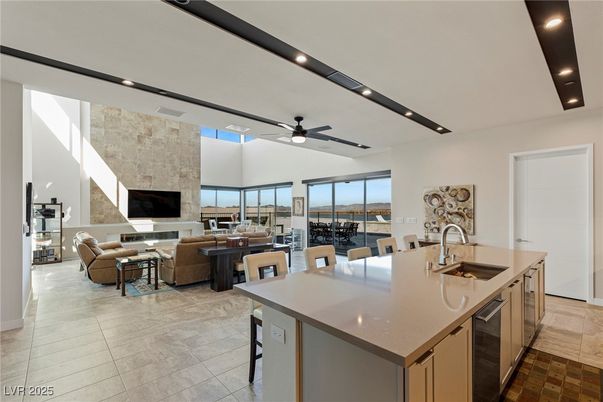 Dining room, Fireplace, Interior, Kitchen, Living room, Recessed Lighting