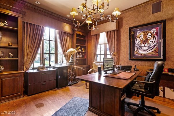 Chandelier, Home Office, Interior, Recessed Lighting, Wood Texture Flooring