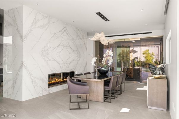 Dining room, Fireplace, Interior, Marble Walls, Recessed Lighting