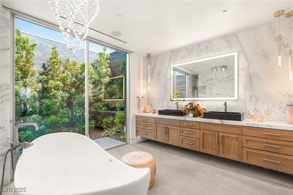 Bathroom, Dual Sink Vanities, Free Standing Baths, Interior, Marble Walls, Pendant Lights, Recessed Lighting