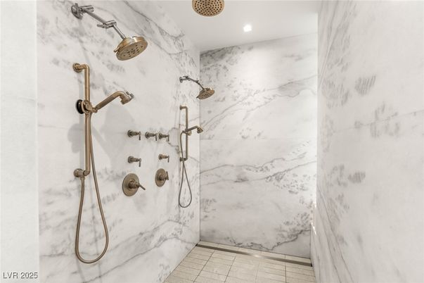 Bathroom, Glass Shower, Interior, Marble Walls, Recessed Lighting