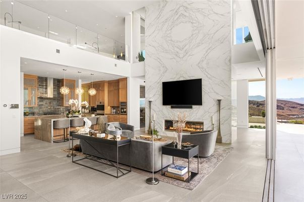 Fireplace, Interior, Kitchen, Living room, Marble Walls, Pendant Lights, Recessed Lighting