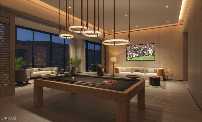Billiard Table, Game Room, Interior, Living room, Pendant Lights, Recessed Lighting, Wood Texture Flooring