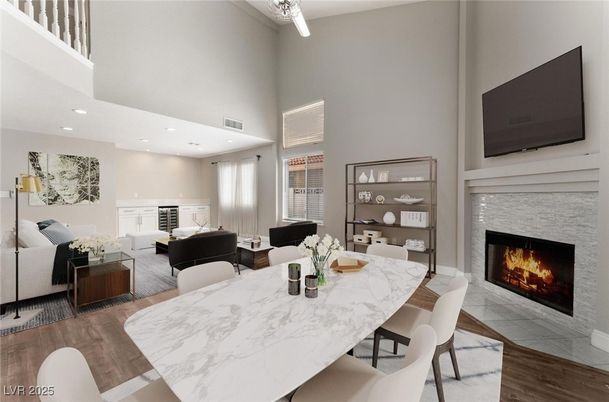 Dining room, Fireplace, Interior, Living room, Recessed Lighting, Wood Texture Flooring
