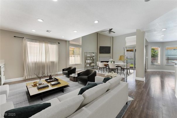 Dining room, Interior, Living room, Recessed Lighting, Wood Texture Flooring