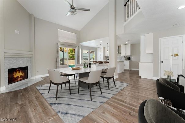 Dining room, Fireplace, Interior, Kitchen, Pendant Lights, Recessed Lighting, Wood Texture Flooring