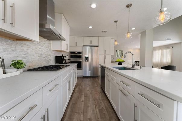 Interior, Kitchen, Pendant Lights, Recessed Lighting, Stainless Steel Appliances, Wood Texture Flooring