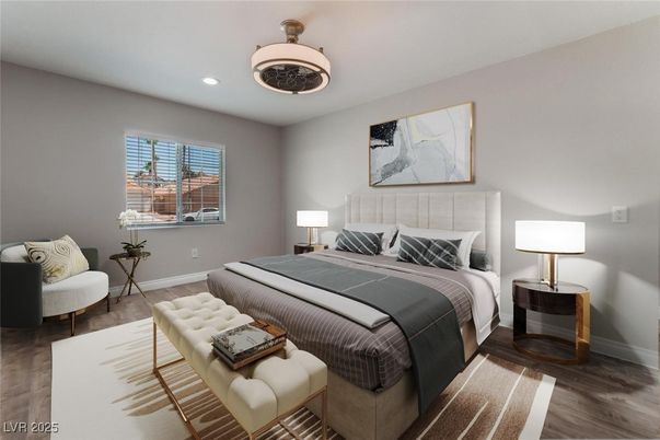 Bedroom, Interior, Recessed Lighting, Wood Texture Flooring