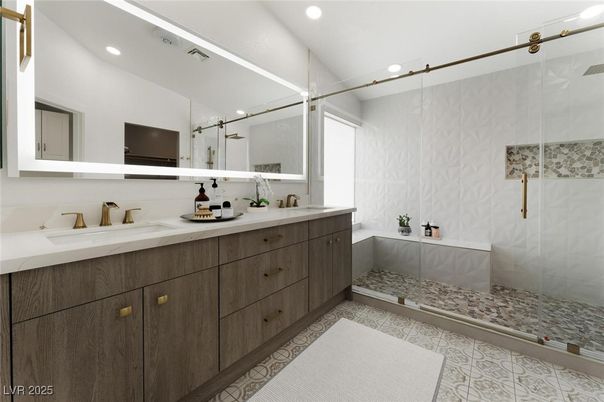 Bathroom, Dual Sink Vanities, Glass Shower, Interior, Recessed Lighting