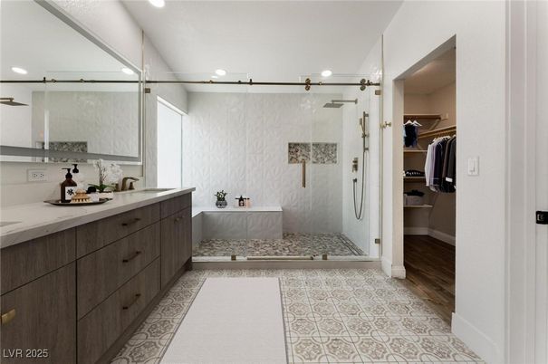 Bathroom, Glass Shower, Interior, Recessed Lighting, Walk-in Closets, Wood Texture Flooring