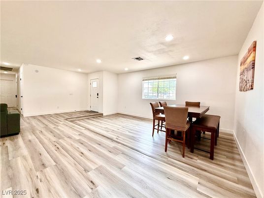 Dining room, Interior, Recessed Lighting, Wood Texture Flooring