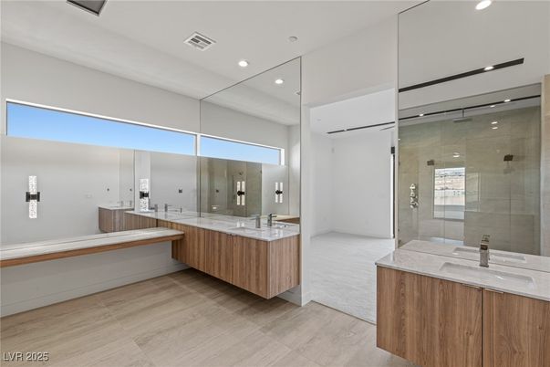 Bathroom, Dual Sink Vanities, Glass Shower, Interior, Recessed Lighting, Wood Texture Flooring