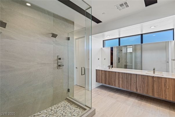 Bathroom, Dual Sink Vanities, Glass Shower, Interior, Recessed Lighting