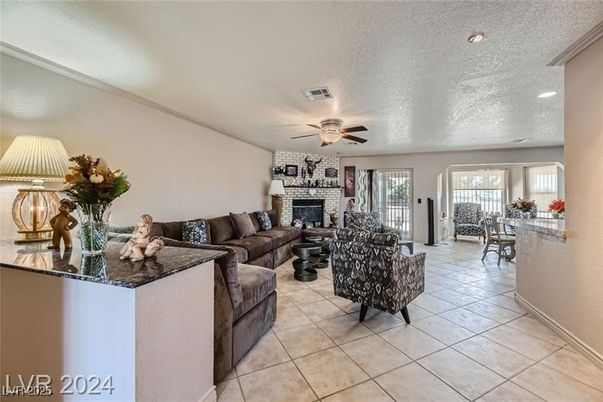 Fireplace, Interior, Living room, Recessed Lighting, Stone Walls
