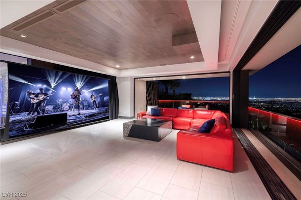 Interior, Projection Screen, Recessed Lighting, Theatre Room, Wooden Ceilings