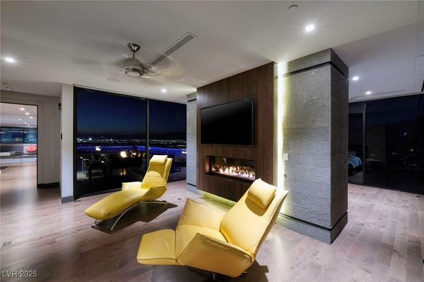 Fireplace, Interior, Living room, Recessed Lighting, Wood Texture Flooring