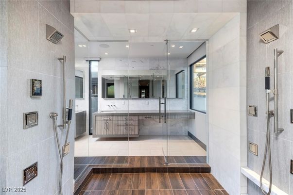 Bathroom, Glass Shower, Interior, Recessed Lighting, Wood Texture Flooring