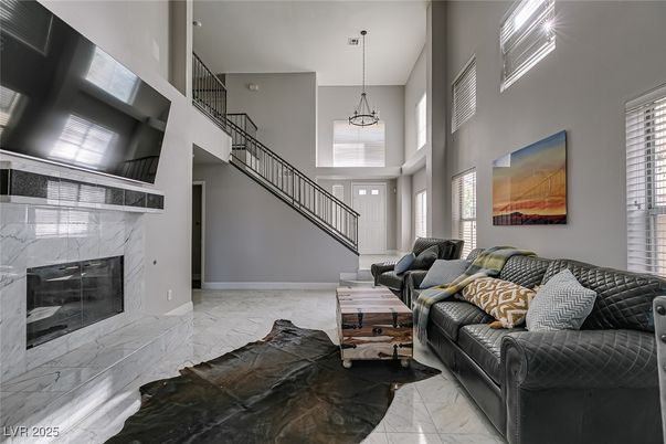 Fireplace, Interior, Living room, Marble, Pendant Lights
